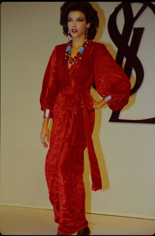 Saint Laurent Red Crushed Velvet Plunge Wrap Maxi Dress YSL Runway, 1985