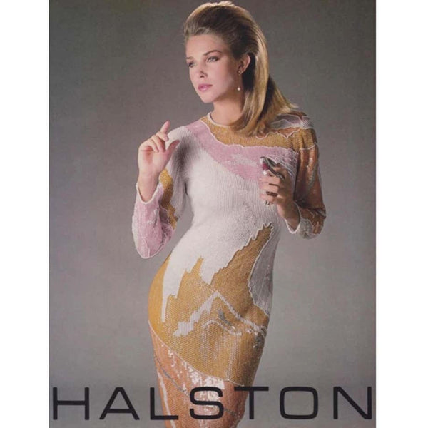 Halston Couture Sequin Pearl Beaded Sunset Colors Dress Documented, 1980s