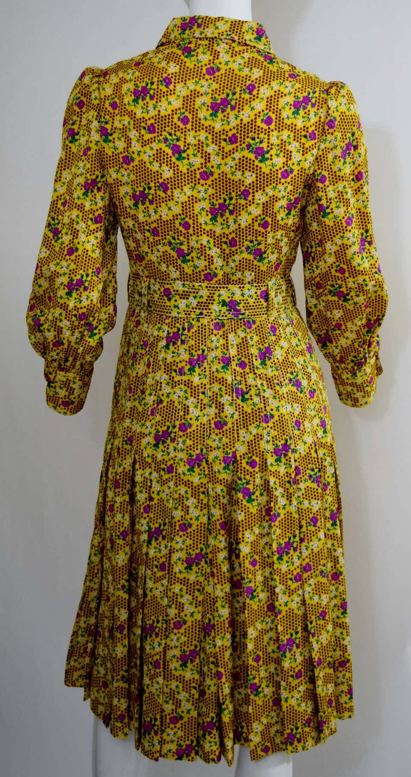 1970s Yellow Floral Printed Galanos Dress w/ Sash