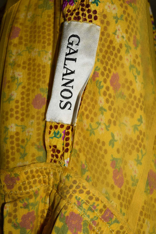 1970s Yellow Floral Printed Galanos Dress w/ Sash