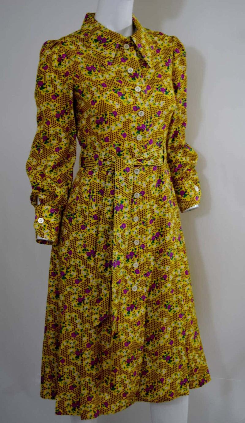 1970s Yellow Floral Printed Galanos Dress w/ Sash