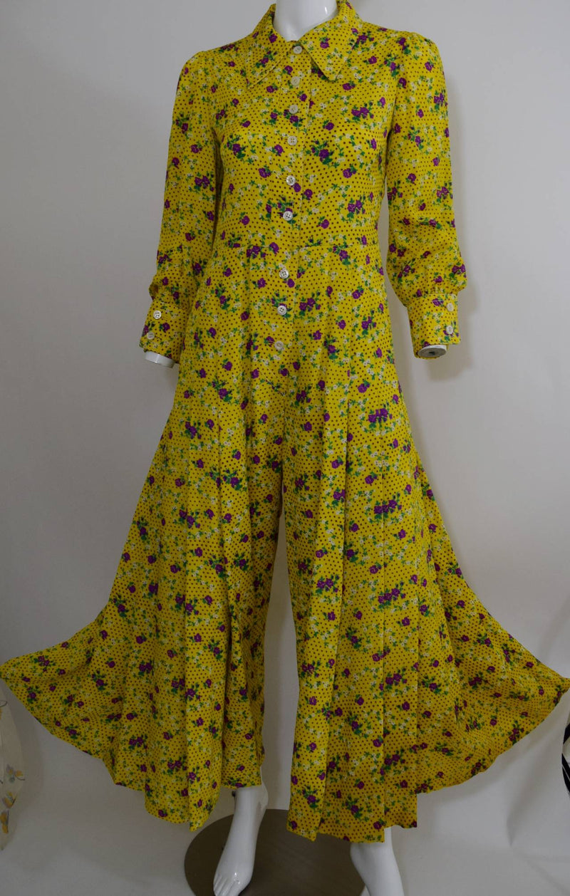 1970s Galanos Yellow Floral Print Palazzo Pant Jumpsuit